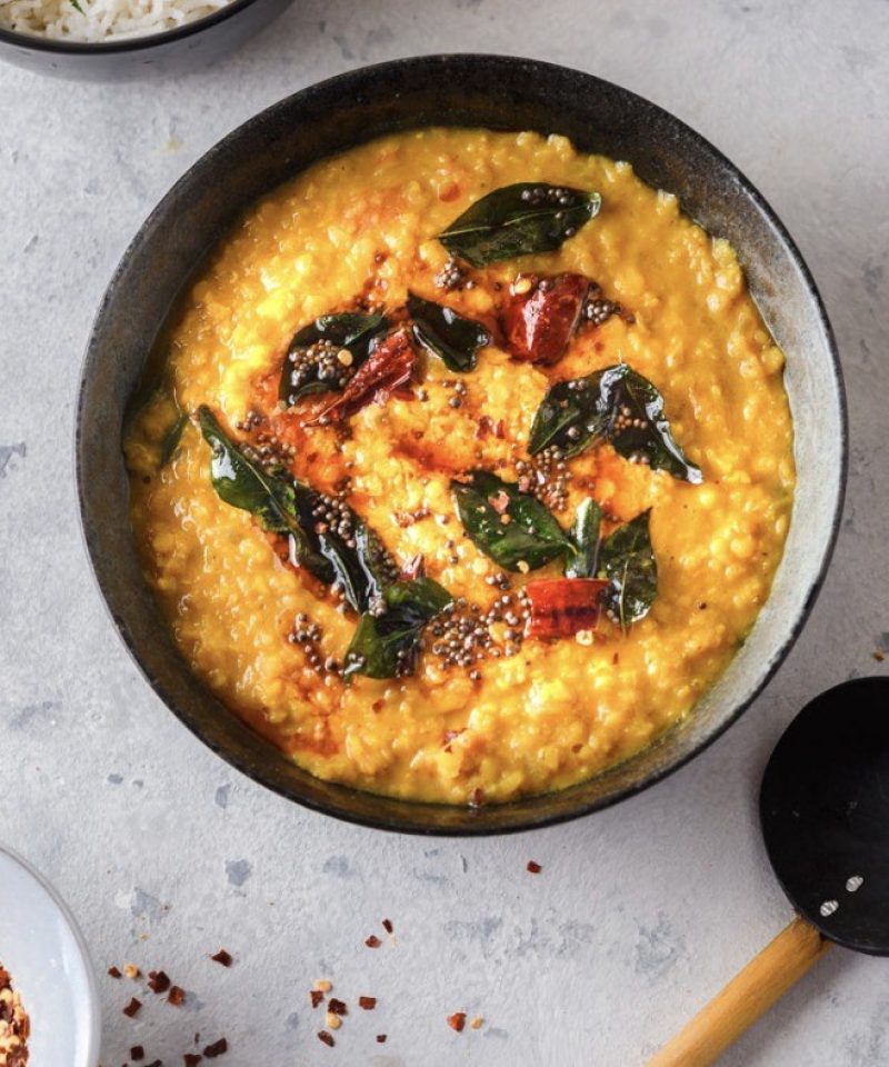 Sri Lankan Mixed Vegetable Kari, Moong Dal, Yellow Rice